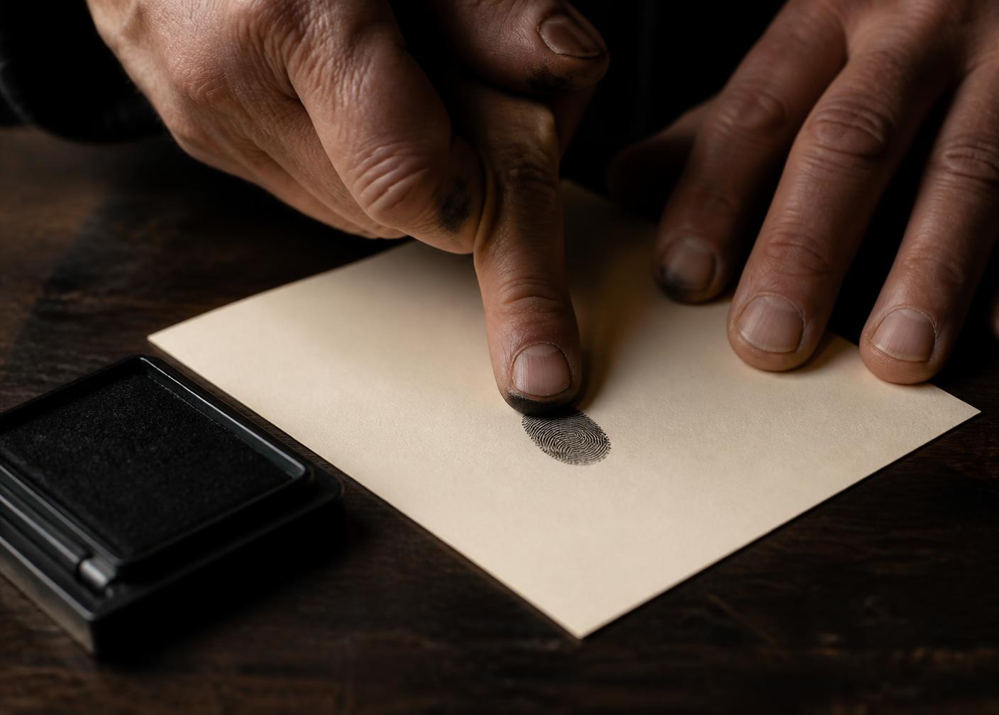 Hands rolling an ink fingerprint onto a cream card on a dark desk
