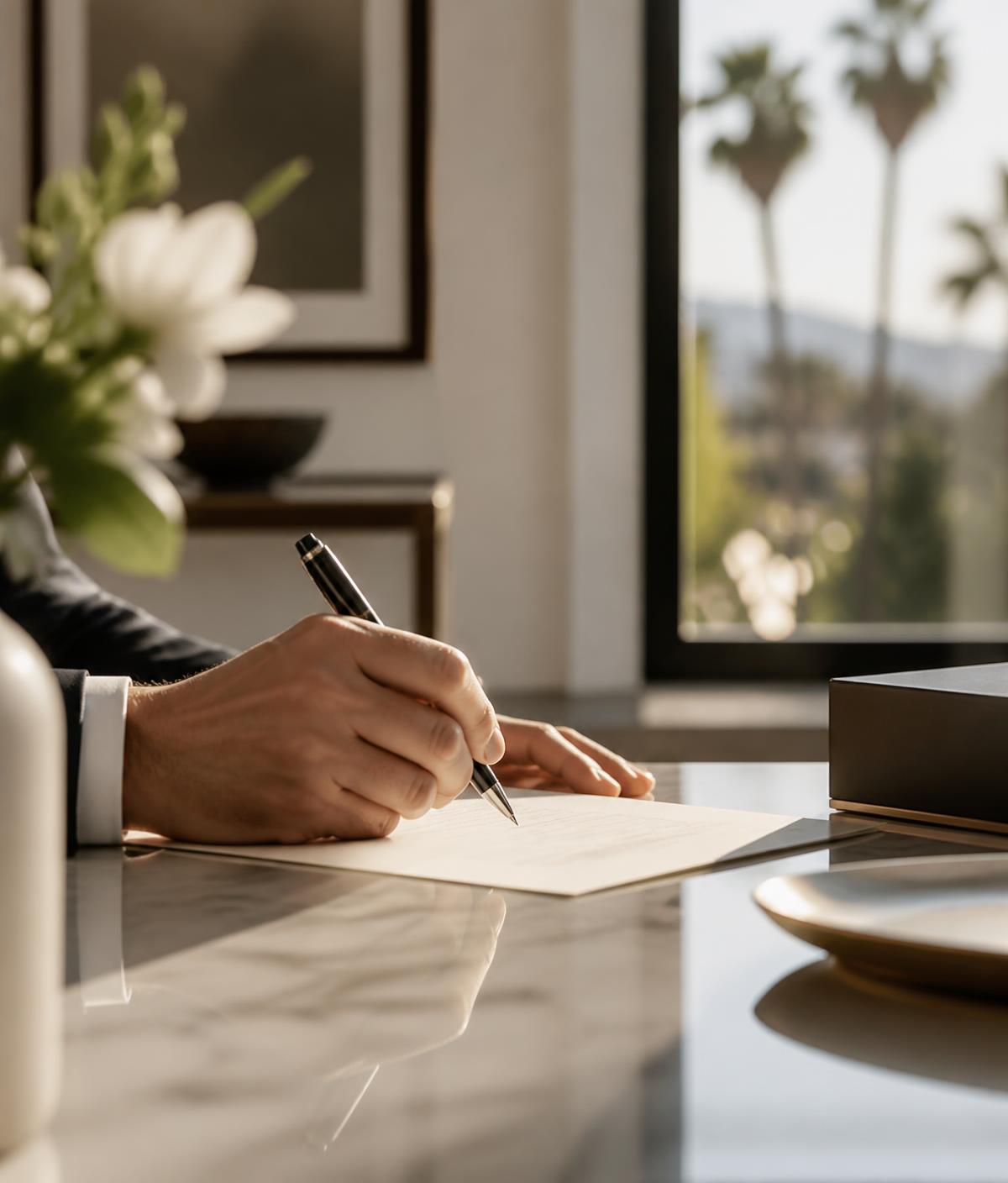 A document being signed at a marble desk in a Los Angeles home office