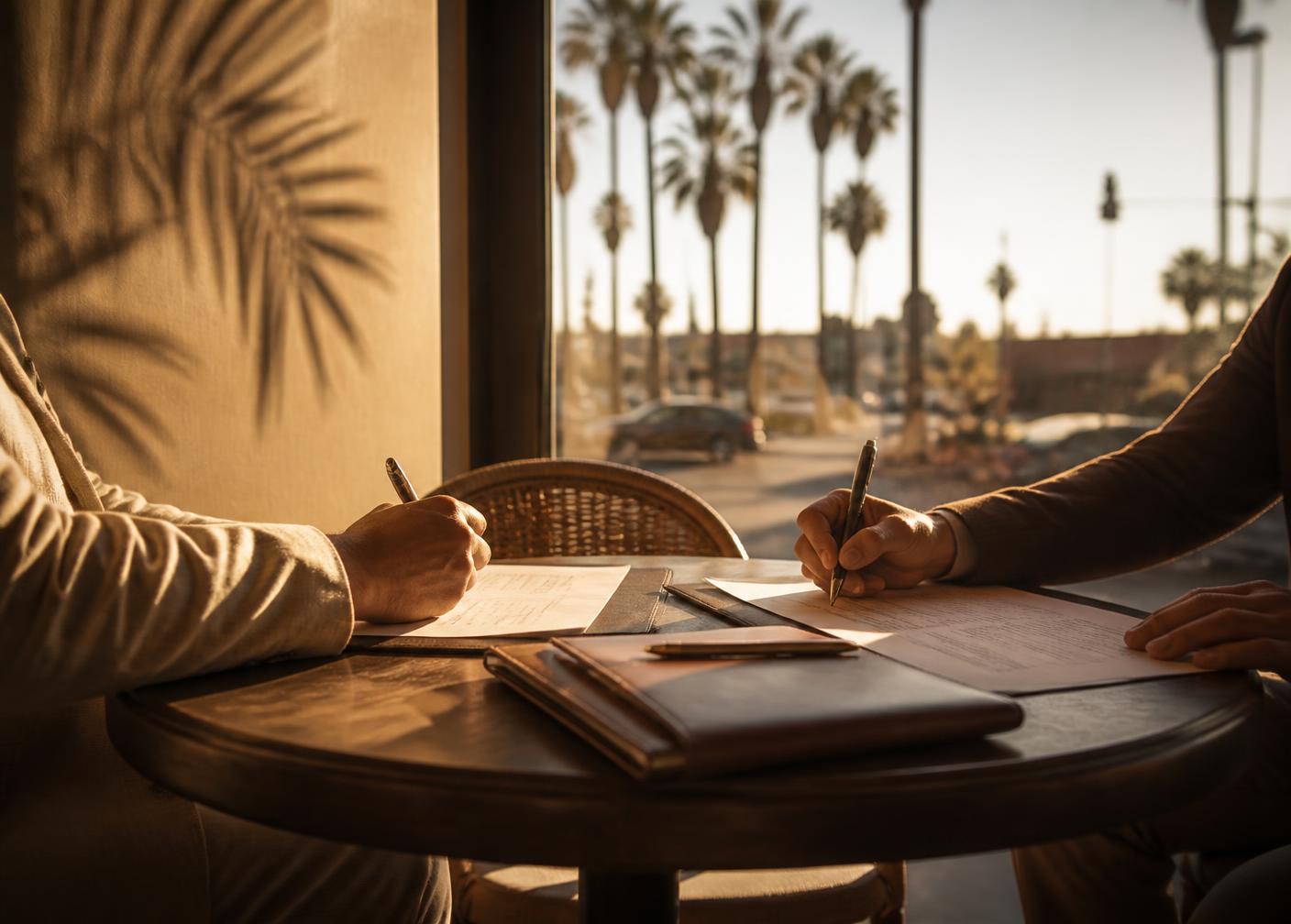 Two people signing documents at a café table in warm Los Angeles light